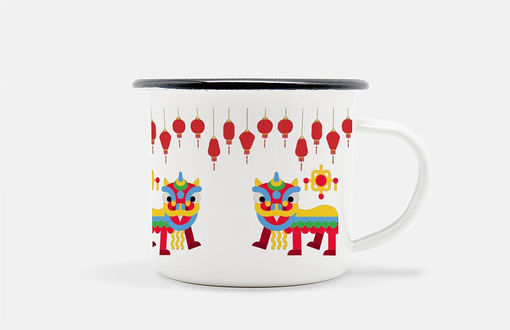 Lion Dance Enameled Mug