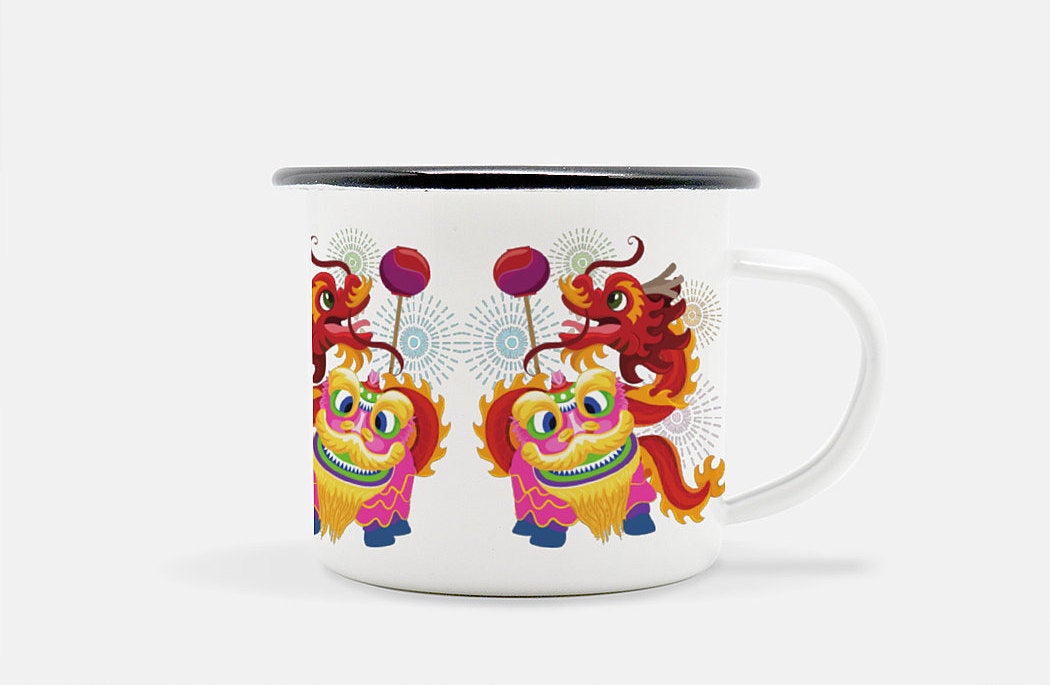 Chinese New Year Lion & Dragon Dance Enameled Mug
