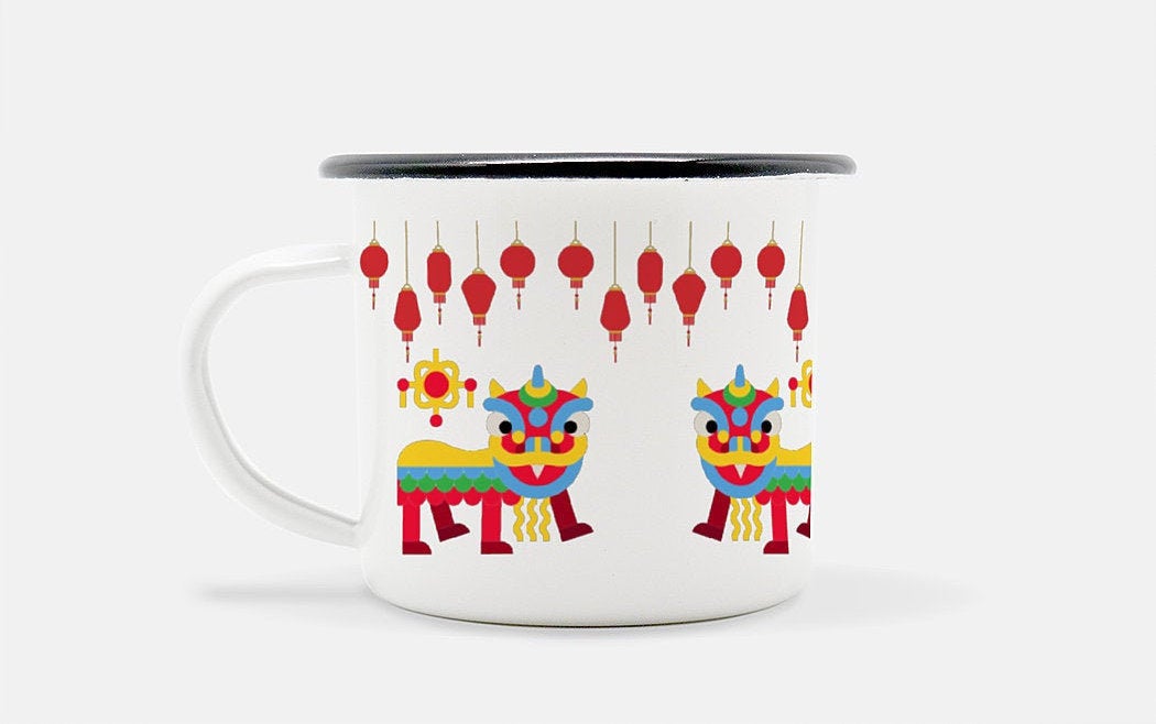 Lion Dance Enameled Mug
