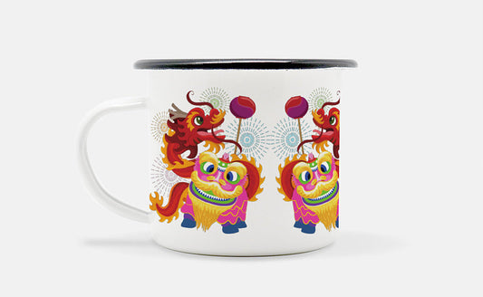 Chinese New Year Lion & Dragon Dance Enameled Mug